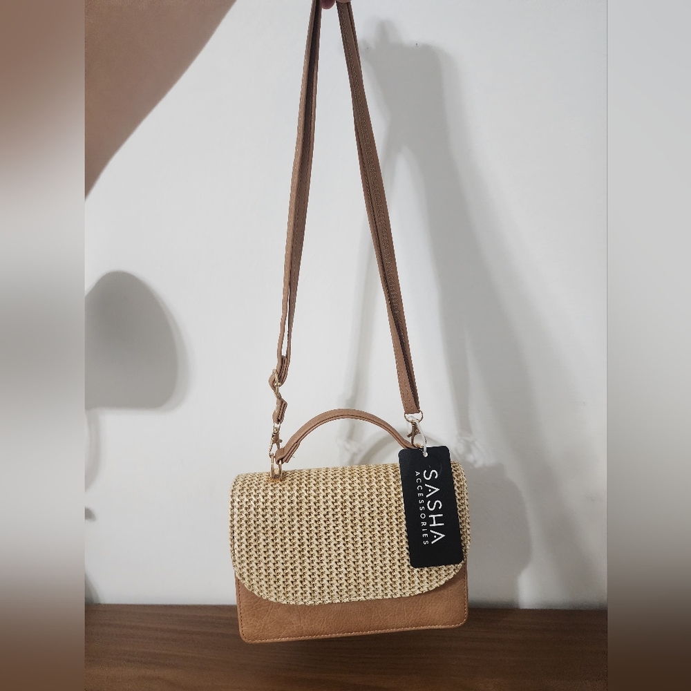 Sasha Accessories Woven Flap Crossbody Bag Tan Faux Leather Summer Style